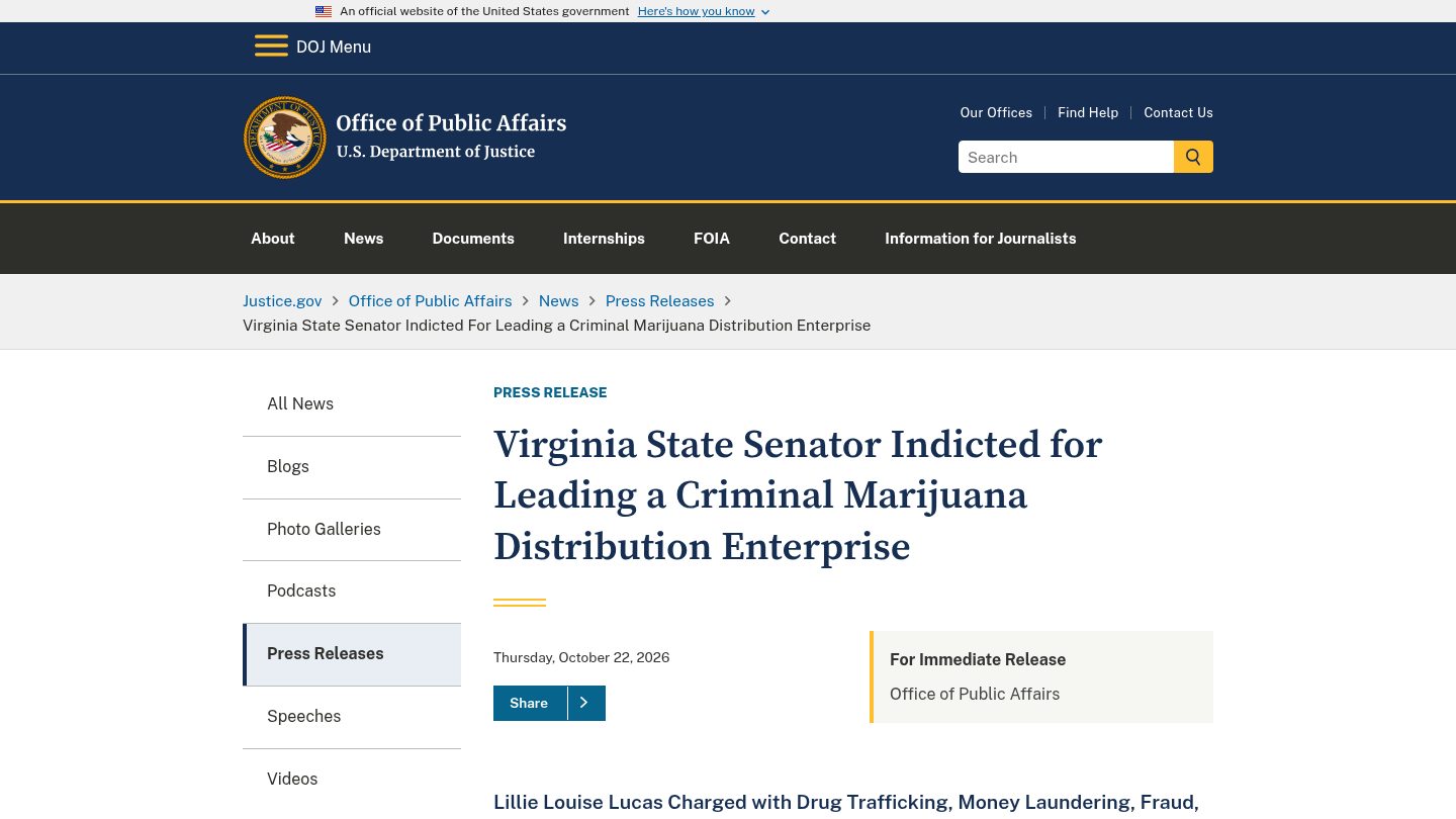 Virginia State Senator Indicted(官方发布)