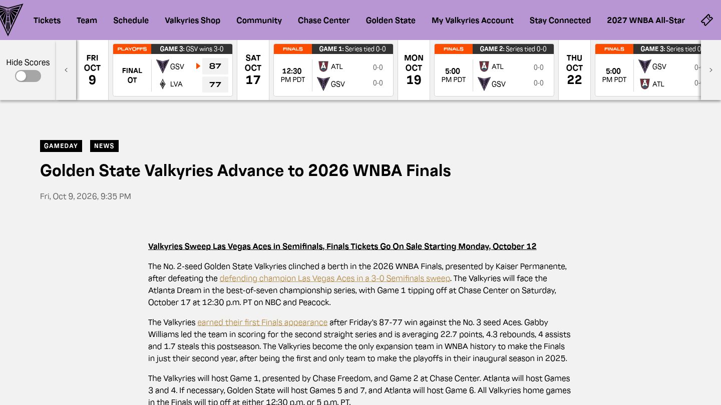 Golden State Valkyries Advance to 2026 WNBA Finals（赛程/票务）
