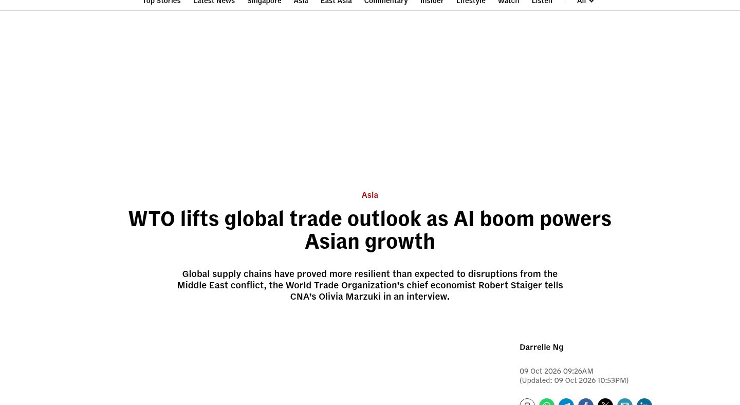 WTO lifts global trade outlook as AI boom powers Asian growth
