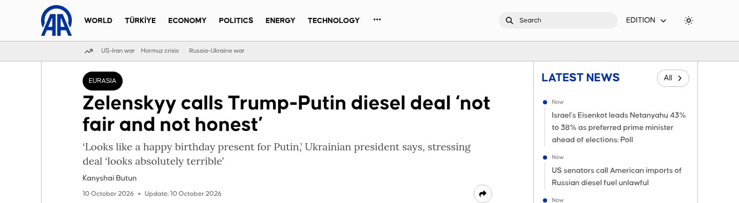 Zelenskyy calls Trump-Putin diesel deal 'not fair and not honest'
