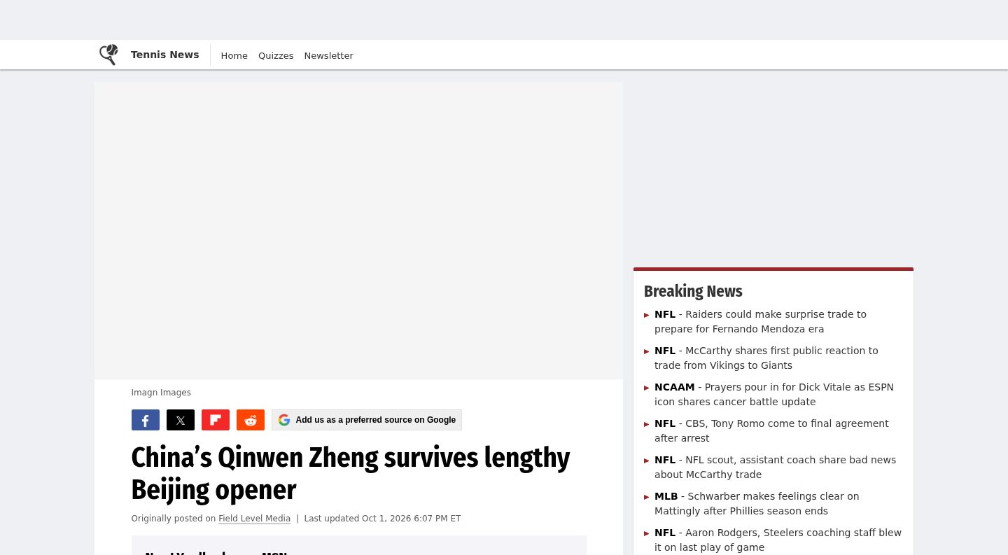 China's Qinwen Zheng survives lengthy Beijing opener